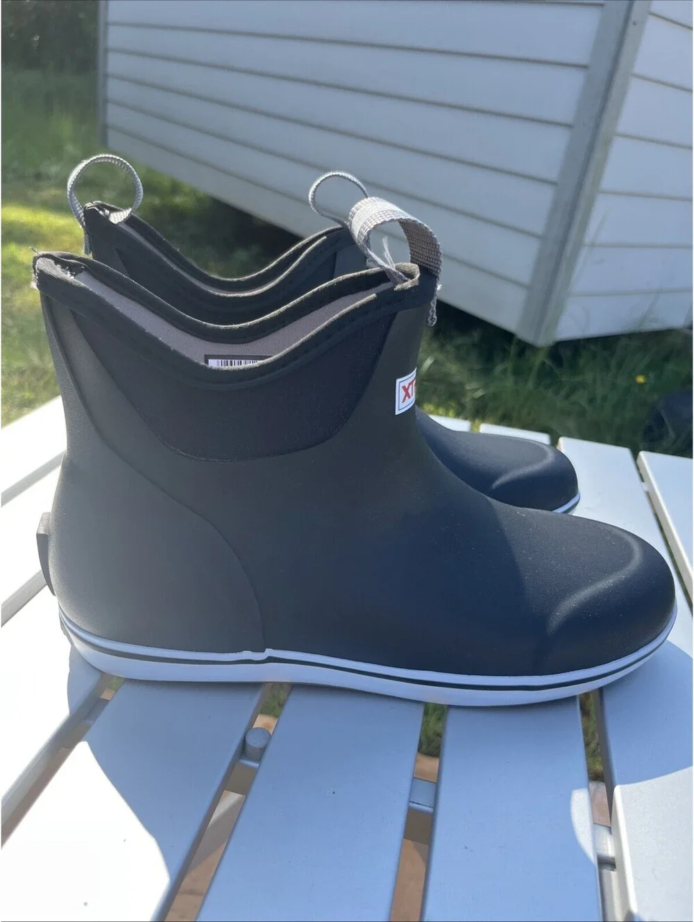 XTRATUF WOMEN'S ANKLE DECK BOOT Size 7 Black ( Right Shoe Broken Back Strap)